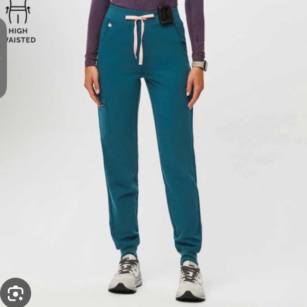 Figs high waisted Zamora jogger scrub pants. Caribbean blue.